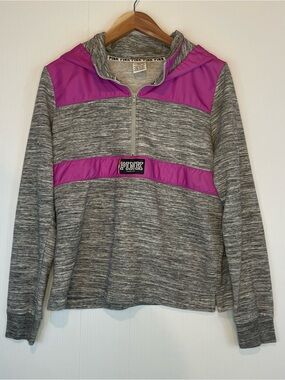 PINK Victoria's Secret Gray Heather Half-Zip Hoodie with Purple Panels